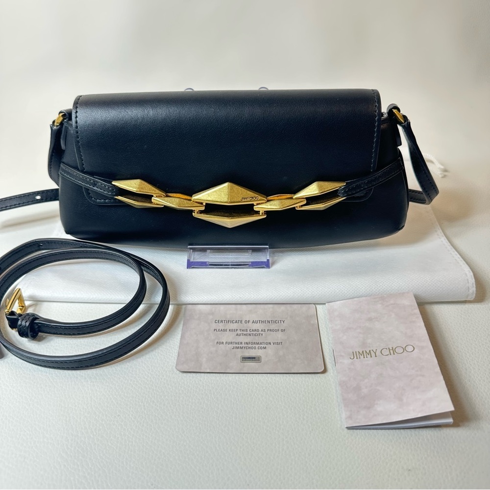 NEW JIMMY CHOO EAST WEST LEATHER SHOULDER BAG BLACK GOLD - Picture 2 of 16